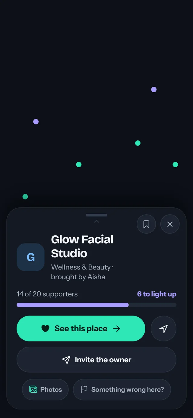 A facial studio on TRIBE, brought by a member, 14 of 20 supporters